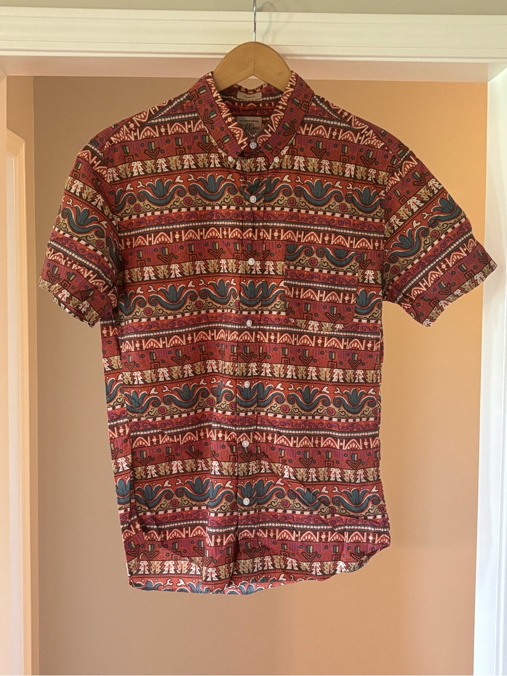 J. Crew Red Southwest Patterned Short-Sleeve Button-Down Aztec Shirt